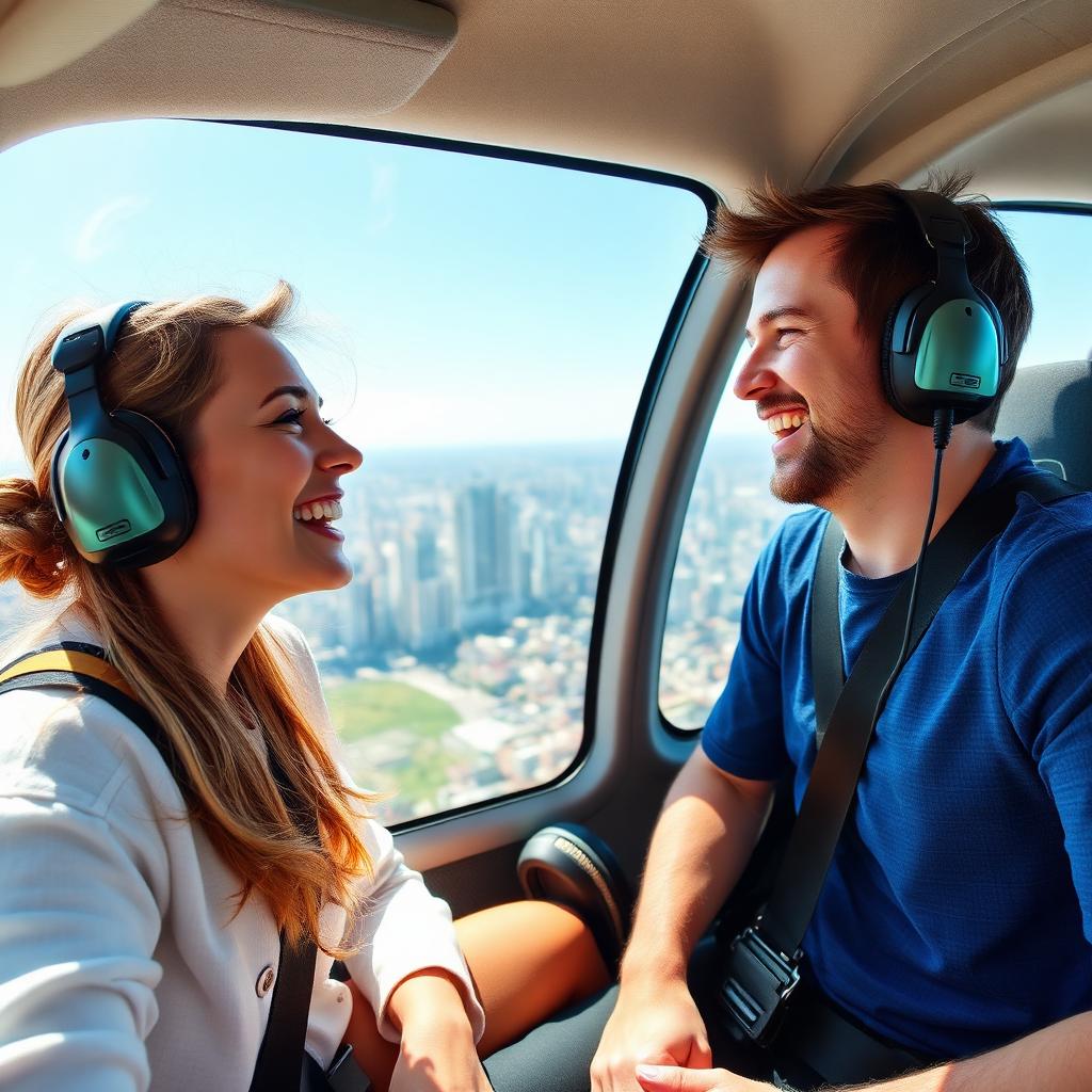 Couple laughing inside a helicopter cabin wearing headsets