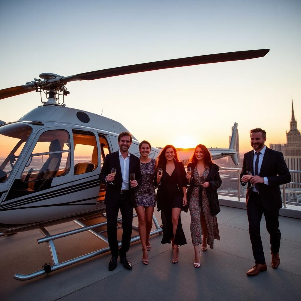 Friends with champagne beside a helicopter on a rooftop helipad