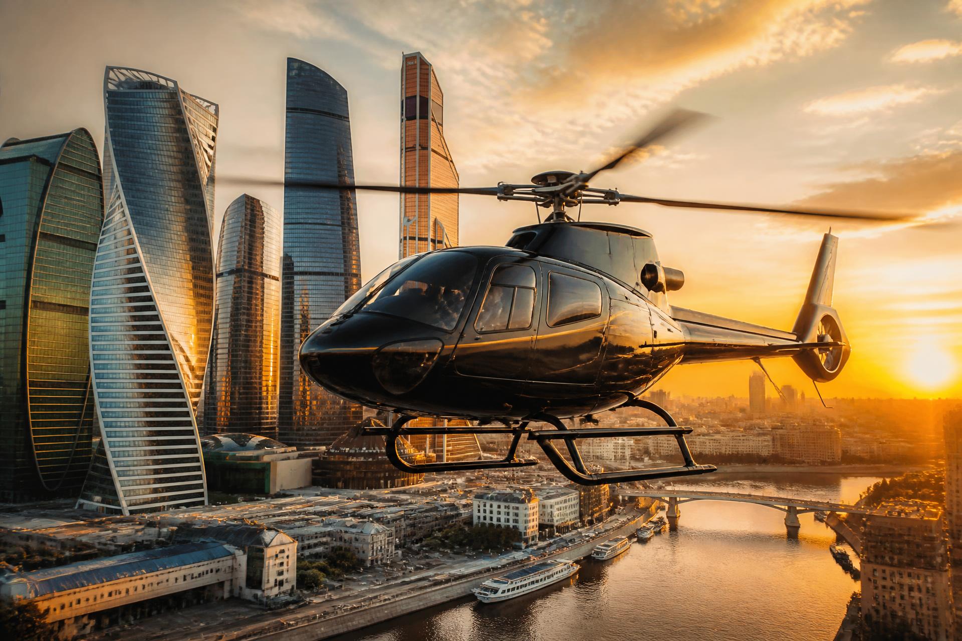 Private helicopter flying over a city skyline at sunset