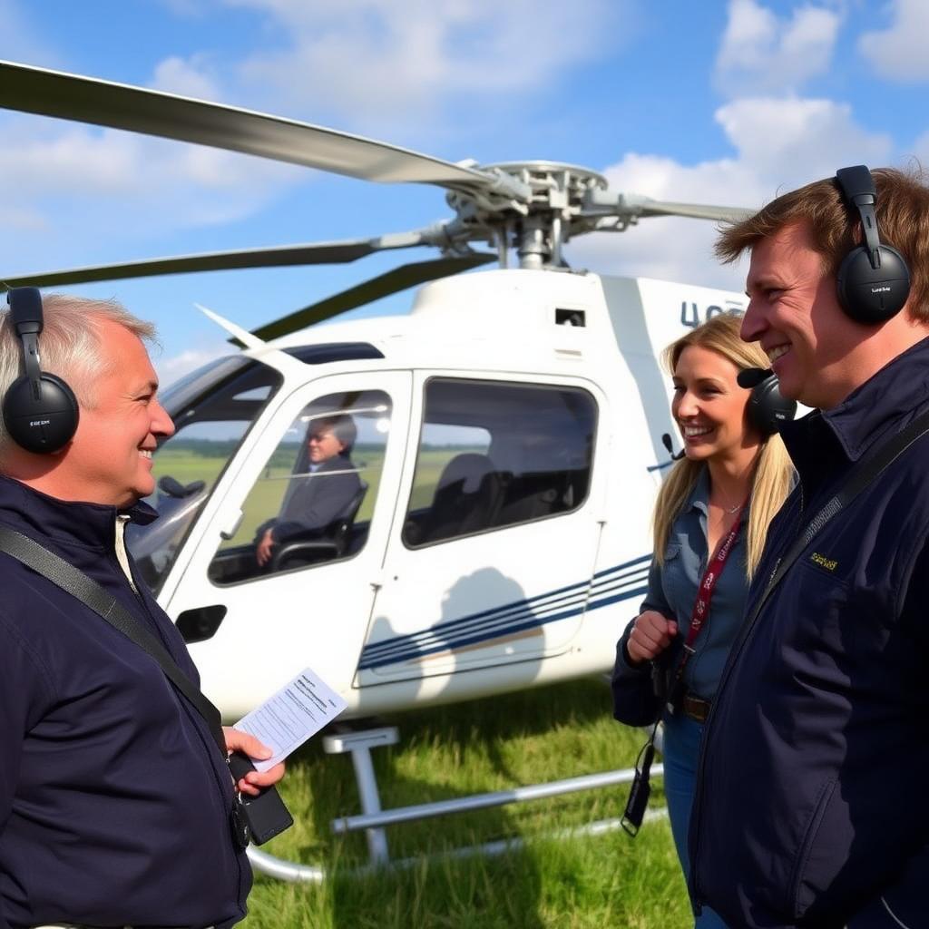 Pilot briefing two smiling passengers beside a white helicopter