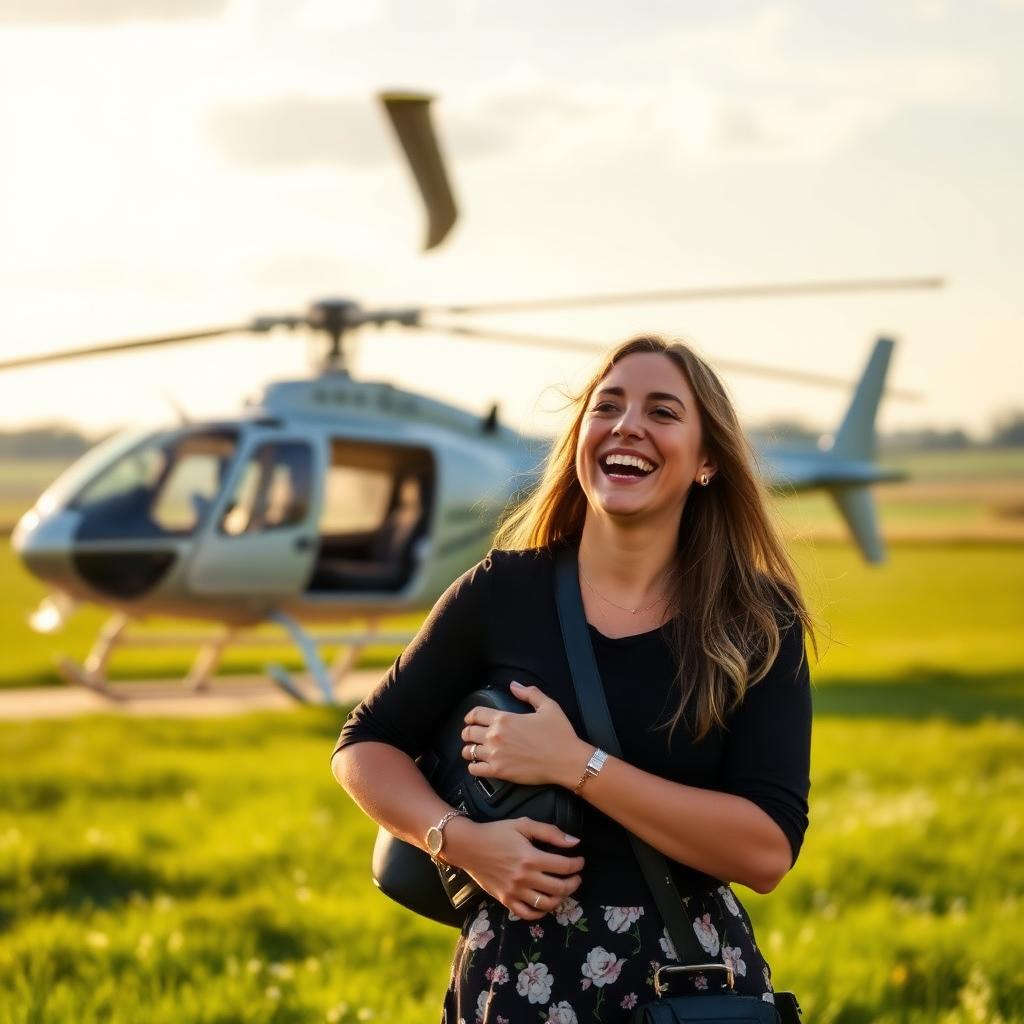 Woman delighted by a surprise helicopter flight in the countryside